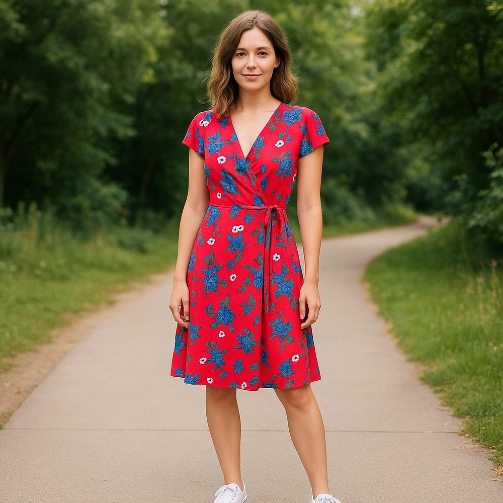BOHO Red & Blue Summer Floral Lightweight Rayon Wrap Dress Size Small